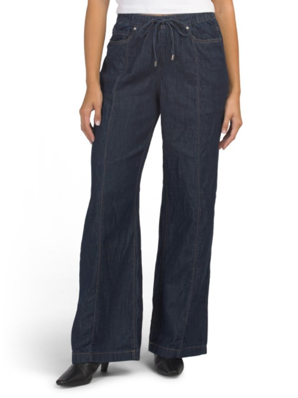 NICOLE MILLER High Rise Wide Leg Drapey Drawstring Jeans